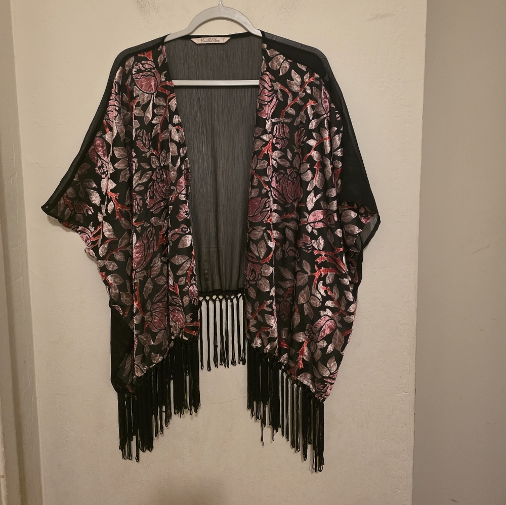 Vanilla Star Sheer Black Kimono with Pinkred And Gold Floral Accents Size Large